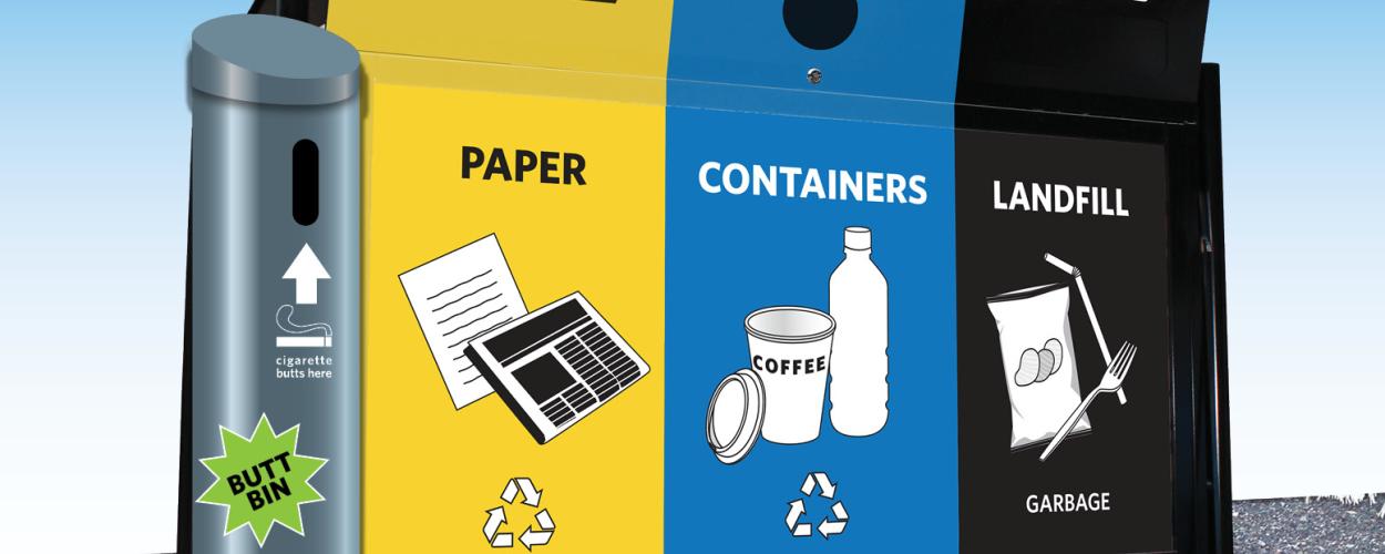 A 4 section garbage bit with a spot for cigarette butts, paper, containers, and landfill garbage. Each section has its own colour - grey, yellow, blue, and black.